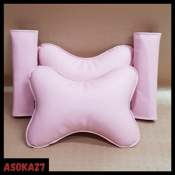 Aksesoris Mobil Paket Murah Bantal Leher Headrest Mobil Dan Sarung Belt Mobil Pink