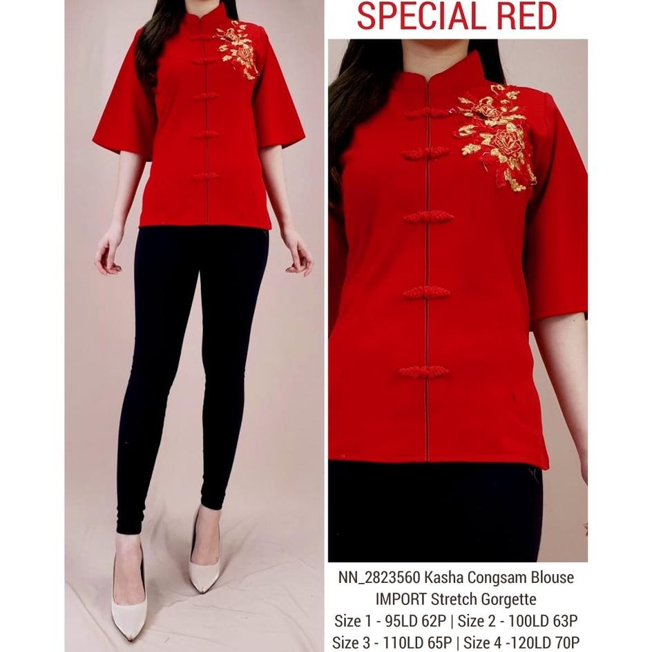 BVF SPECIAL RED BLOUSE CHEONGSAM BRITNEY STRETCH GEORGETTE PREMIUM LUNAR NEW YEAR EDITION ( 4 SIZE )