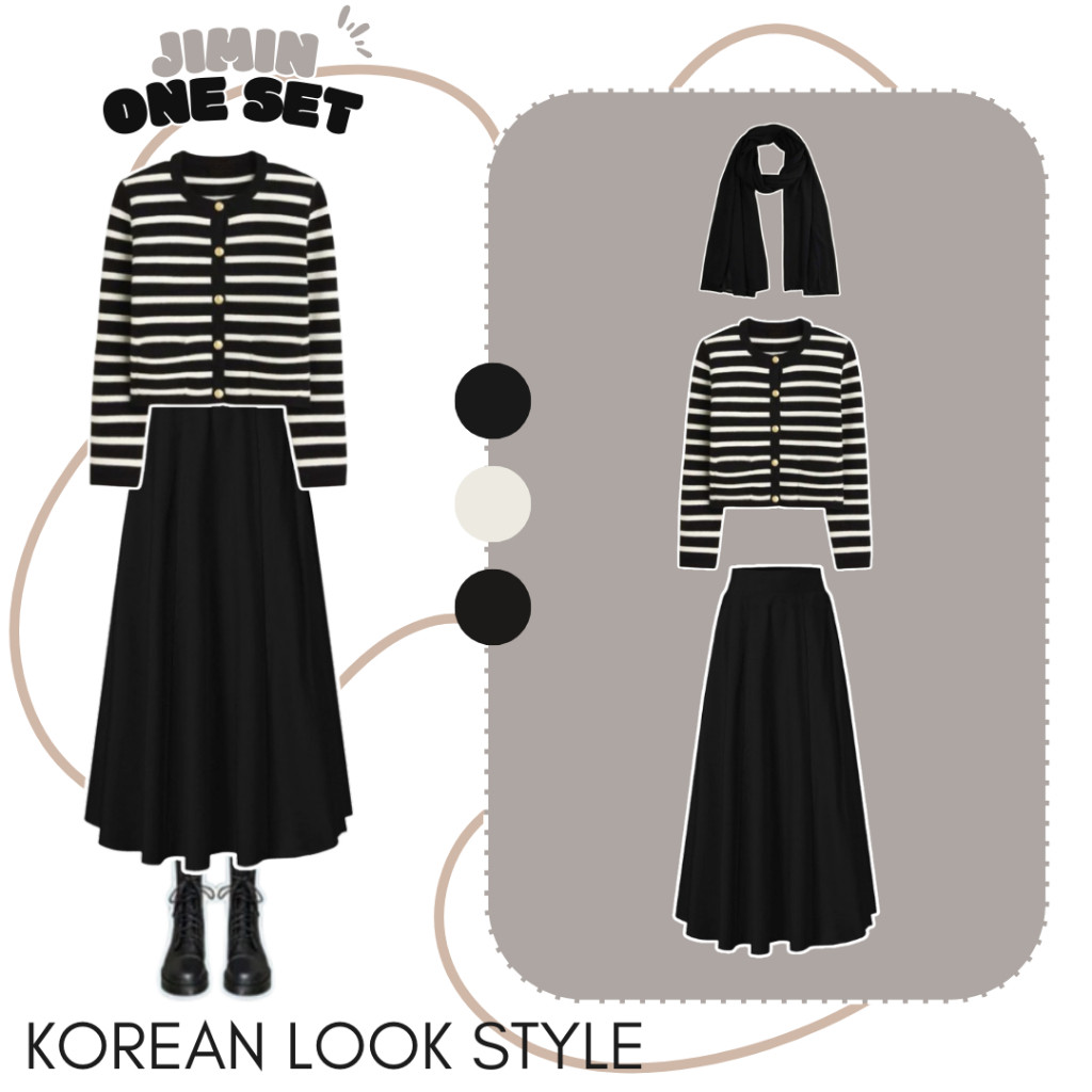 Baju Muslim Halus & Tebal Terbaru One Set Ootd ( Cardigan Stripe Rajut + Rok Payung + Pashmina )