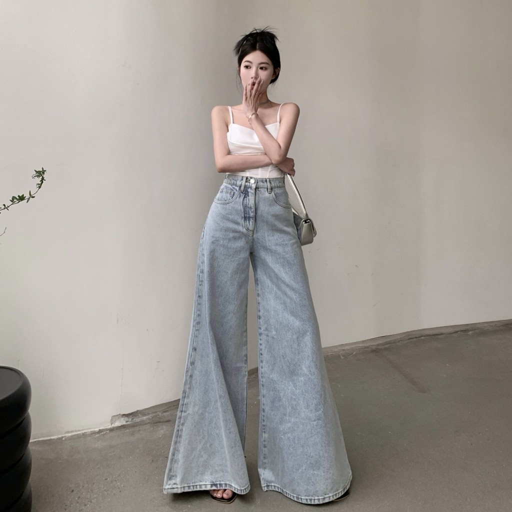 Celana jeans longgar bergaya vintage warna terang, celana wanita longgar, celana panjang jeans