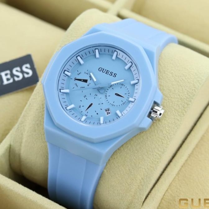 Jam Tangan Wanita Guess Tali Karet Biru Muda Date Aktif / Chrono Off Original Terlaris