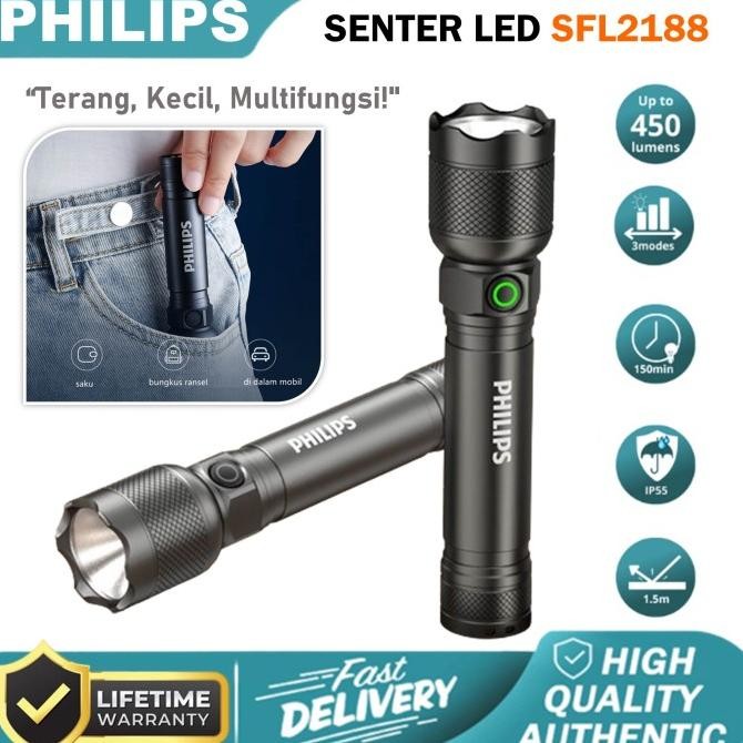 Philips Senter Led Super Terang / Senter Led Jarak Jauh Tahan Air Original Terlaris