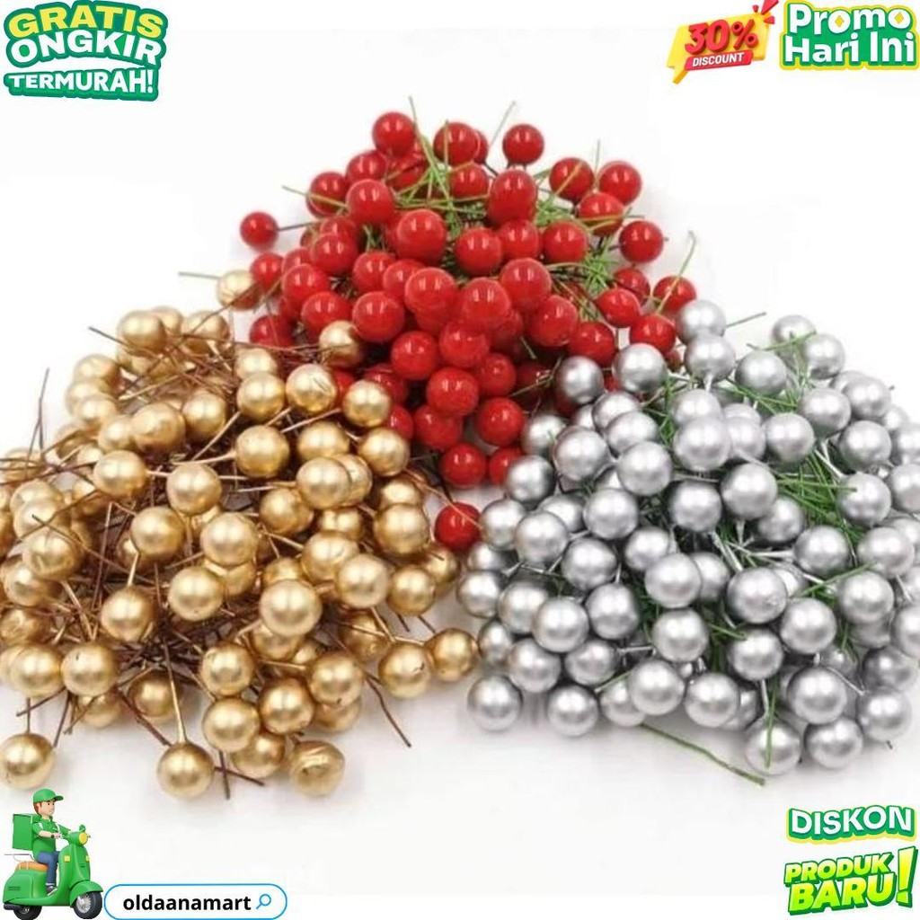 

100 Pcs Cherry Natal Christmas Biji Ceri Berries Hiasan Pohon Natal / Cake Topper Hiasan Kue Bola Emas Silver Merah Cherry D Sale