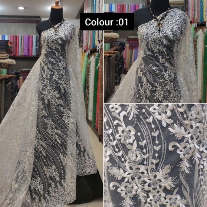 /////] Kain Tile Brokat Payet Bunga Salur SRK21693 Putih