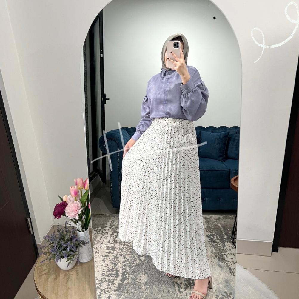 Haseena Rok Plisket Zeina Motif Polkadot Emas Mini Tabur Skirt Wanita Ala Style Korea