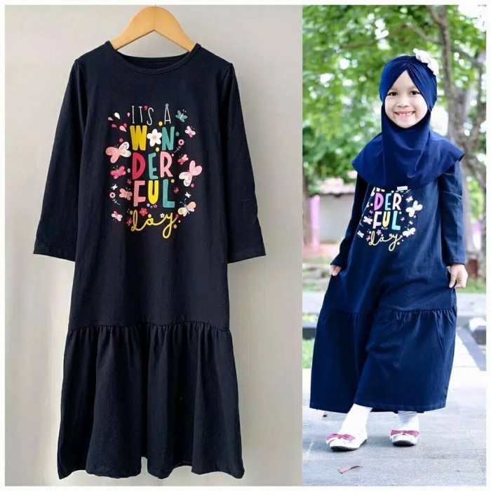 TERBAIK Gamis kaos anak sablon Navy baju muslim anak perempuan gamis anak