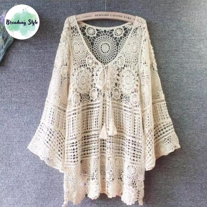 Outer Tribal Ethnic Bohemian Crochet Rajut Sulam Baju Luaran Wanita Lengan Panjang Crop Top Bali Pan