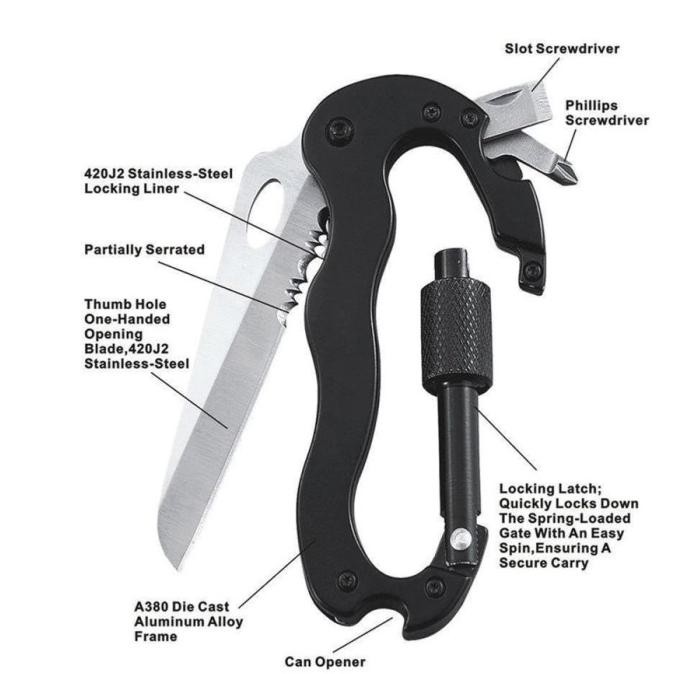 

Berkualitas JS Carabiner Multifunction 5 in 1 Knife Mountaineering Pisau