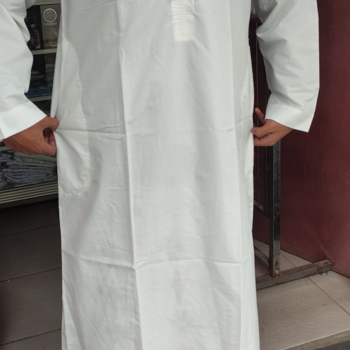 Jubah Pria Jubah gamis pria tanpa kerah bordir dada - Putih, S slimfit jumbo