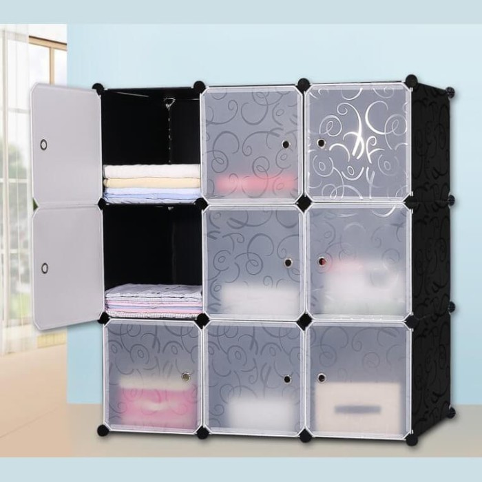 Lemari pakaian plastik rak serbaguna susun lemari baju 9 pintu