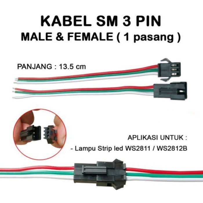 kabel soket male female sm 3 pin for led strip ws 2812b panjang 13,5cm