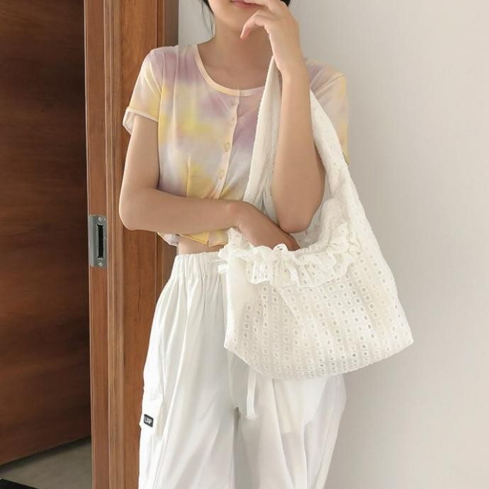 Ready TC-40 tas kain kerut renda putih wanita import jepang shoulder bag