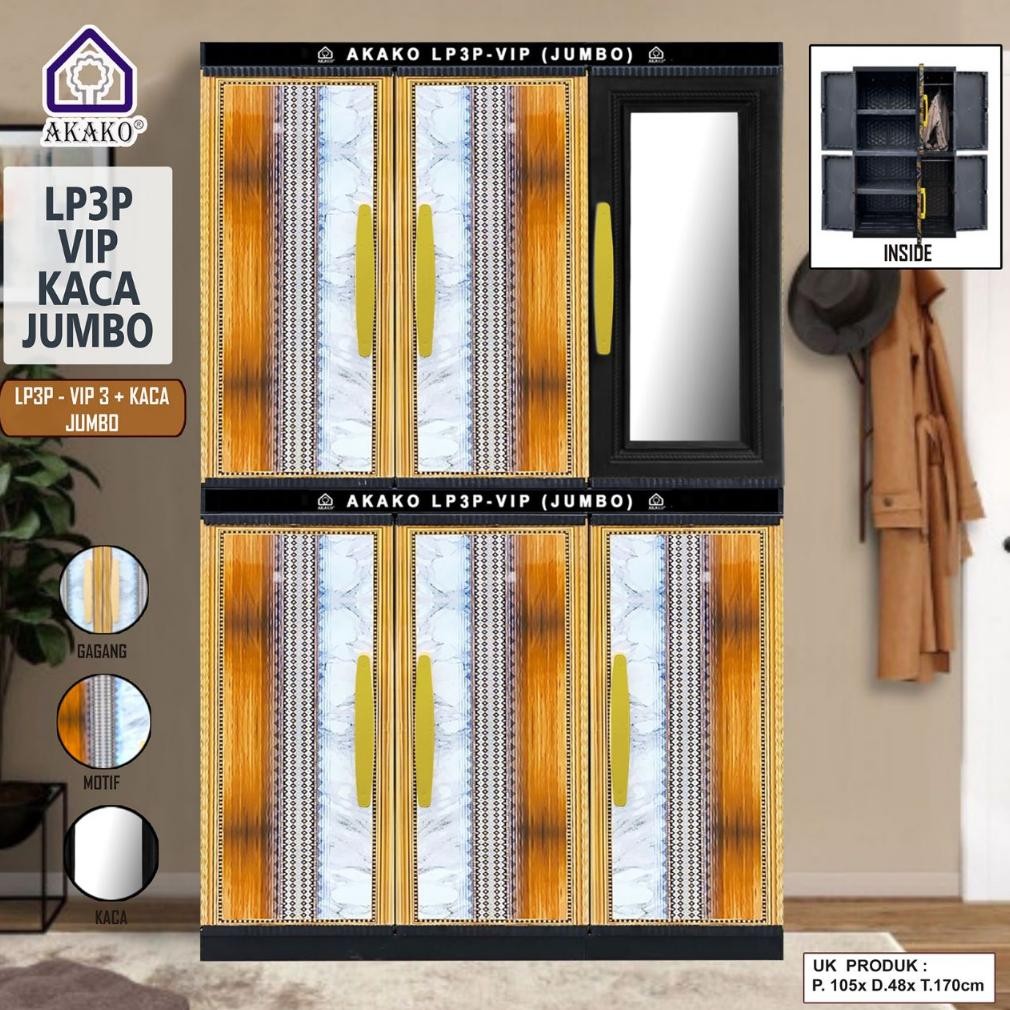 Lemari Pakaian Baju Plastik Akako LP3P VIP Cermin Kaca Gantung Rak JUMBO BESAR Rotan Putih