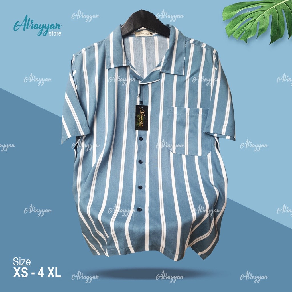 HOT Alrayyan Store - Baju Kemeja Hawai Pantai Bali Lengan Pendek Cowok Cewek Motif Salur Biru Putih