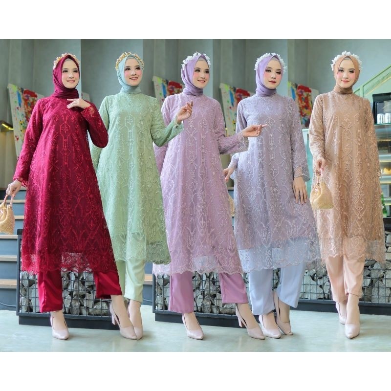 PROMO RAMADHAN Setelan ASTER 002 ( Tunik + Celana ) One Set Brokat Stelan Brukat Cantik Kondangan