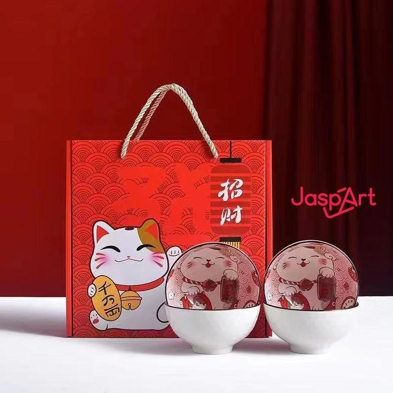 BR - Kucing Hoki Box Set / Piring Set Lucky Cat Hadiah Gift Hampers Imlek Kotak Mangkok Keramik TERL