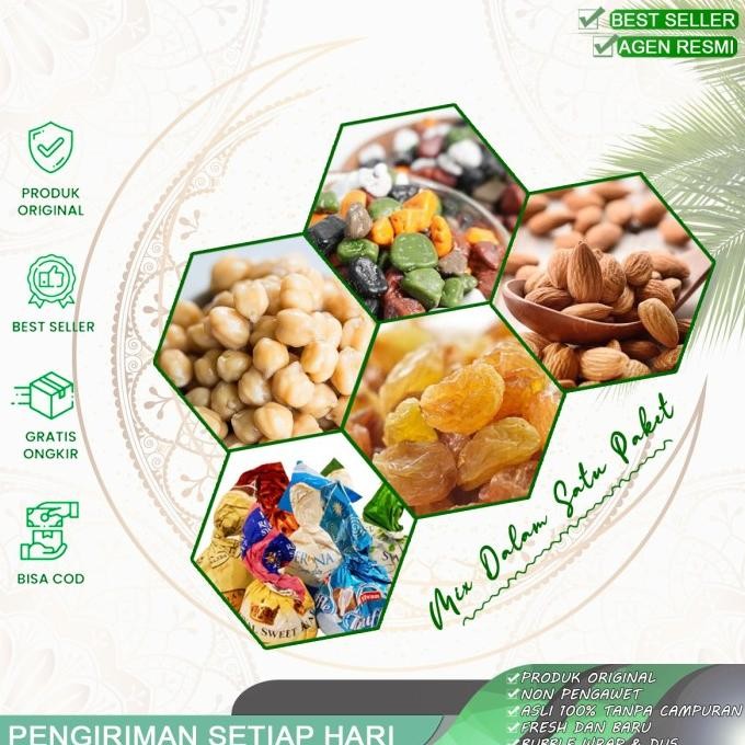 

Baru Paket Mix Sweet Kurma Sukkari Kacang Almond Pistachio Kismis