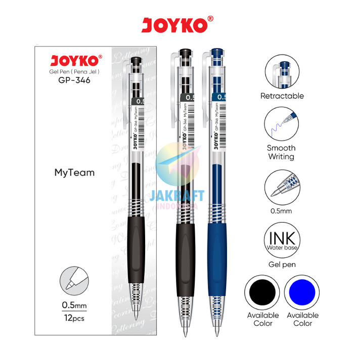 

Pulpen Gel Pen Klik Joyko Gp-346 My Team Hitam Black / Biru Blue Tebal 0.5 Mm Anti Macet Luntur