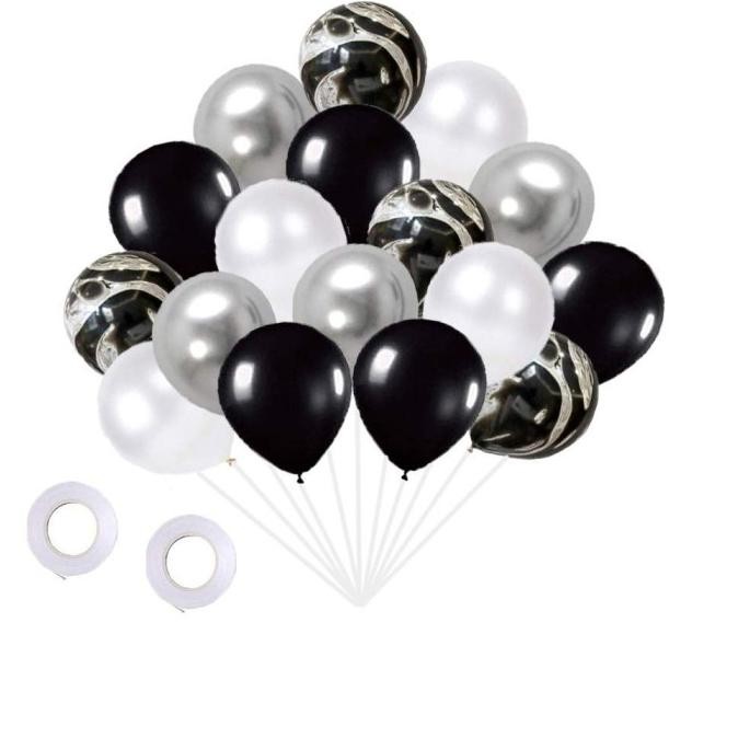 Termantab] paket balon latex chrome silver 50 pcs black white birthday party boy