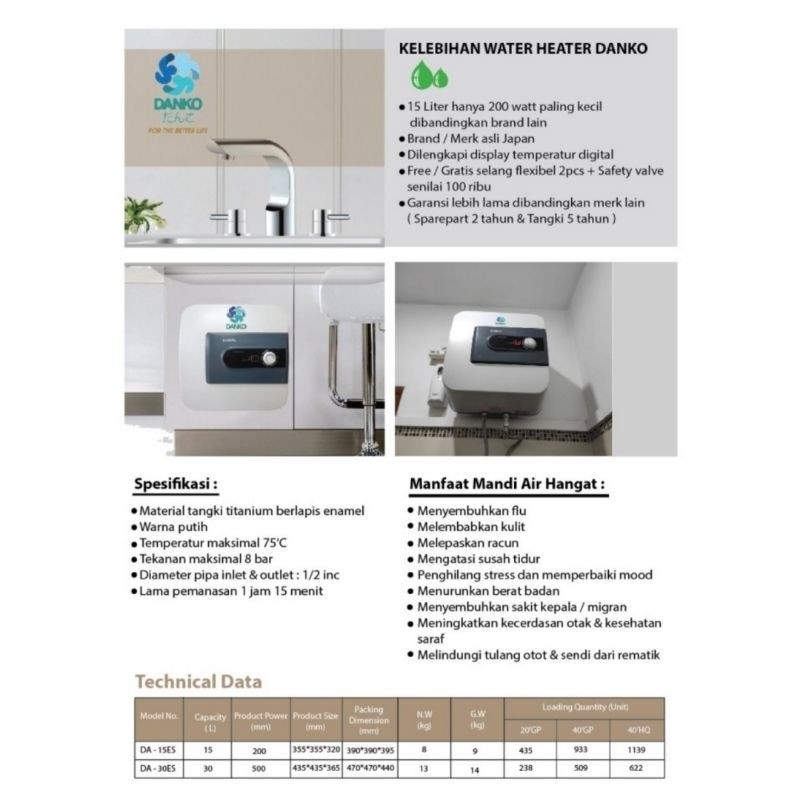 Paket Water Heater Listrik Danko + Set Mini Mixer Instalasi Tanpa Pipa + Hand Shower Tiang Water