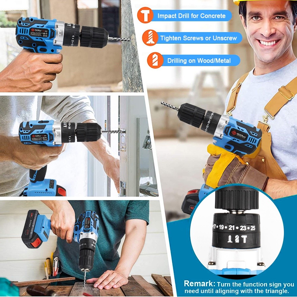 HUJIA Mesin Bor baterai 48vf brushless Cordless impact Drill 2 baterai cordless mesin bor set with