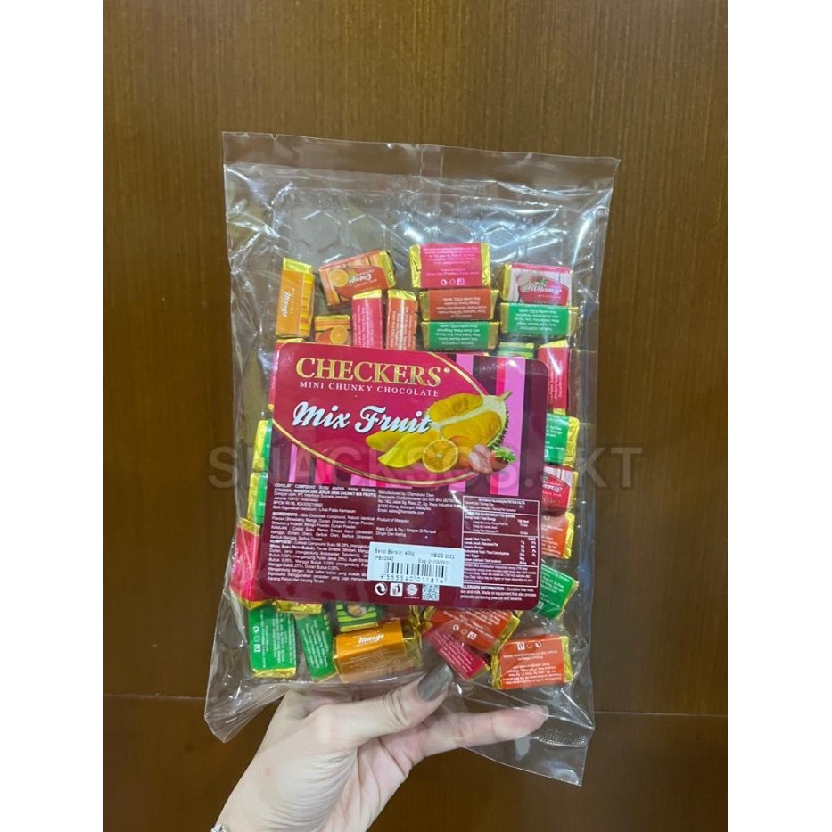 

CHECKERS MINI CHUNKY DARK MILK CHOCOLATE ALMOND ASSORTED MIX FRUIT