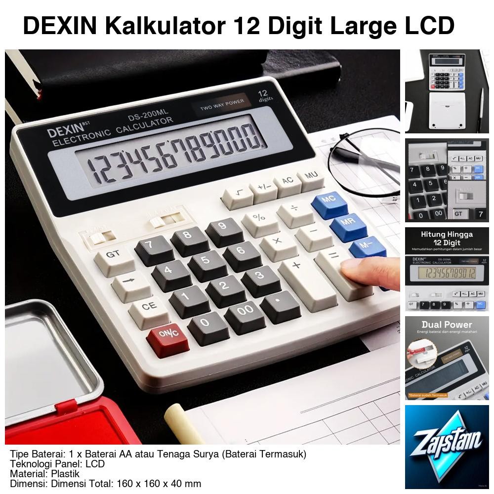 

DEXIN Kalkulator 12 Digit Large LCD Display Two Way Power Solar - DS-200ML