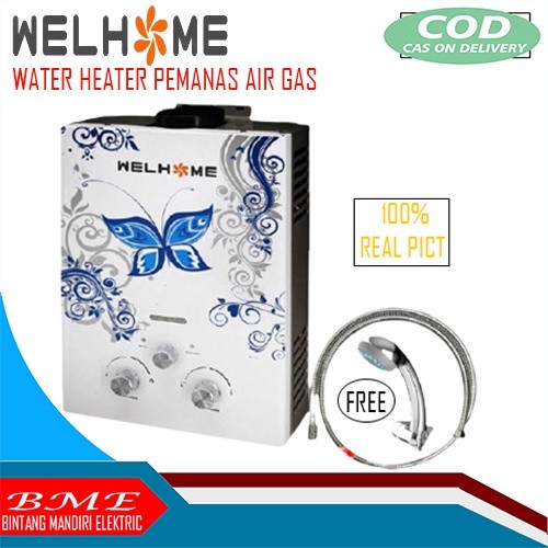 Pemanas Air Gas Welhome 6 LP - Water heater gas mandi air hangat - Bonus Selang + Shower