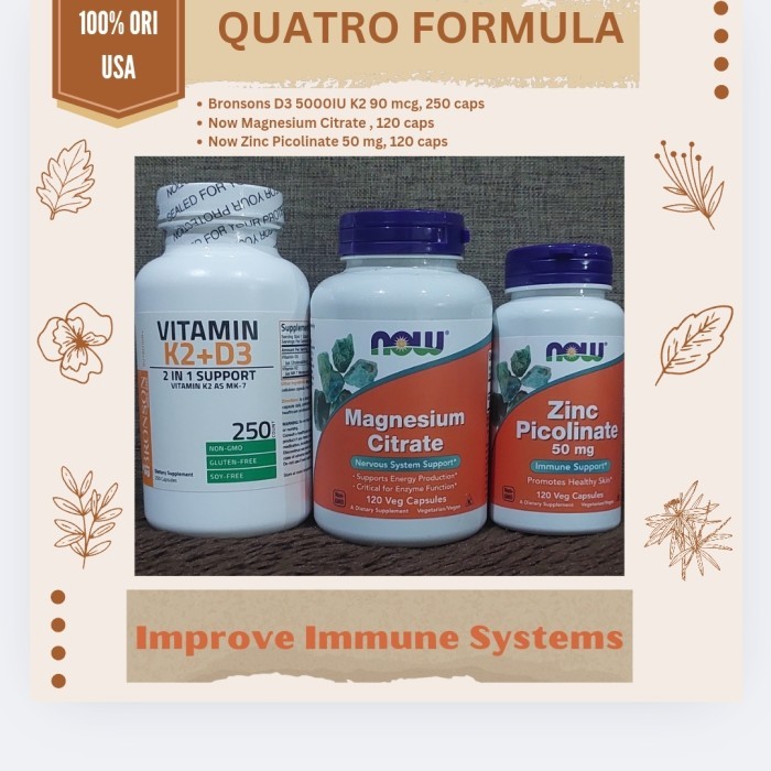 Quatro Formula D3 K2, Magnesium Citrate Now, Zinc Picolinate Now
