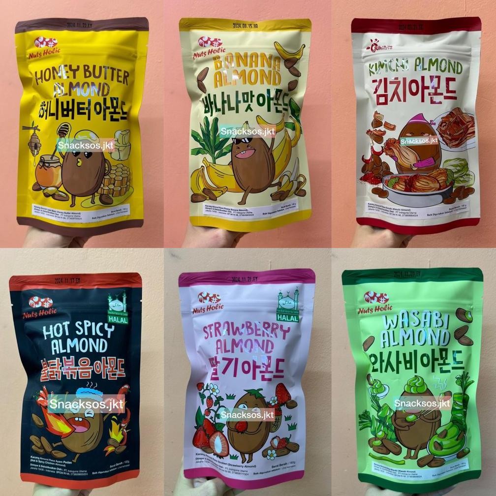 

[BIG 180G] NUTS HOLIC HONEY BUTTER ALMOND / STRAWBERRY ALMOND / KIMCHI ALMOND / BANANA ALMOND / HOT & SPICY ALMOND / WASABI ALMOND