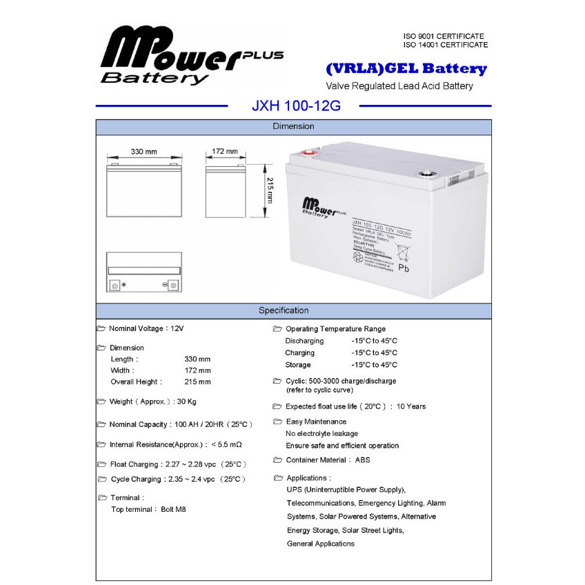 Aki Baterai Vrla Gel 12V 100Ah Mpower Jxh100-12G Murah