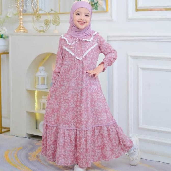 Gamis anak set Jilbab , pakaian muslim anak perempuan,kombinasi renda dada, bahan katun Rayon Terlar