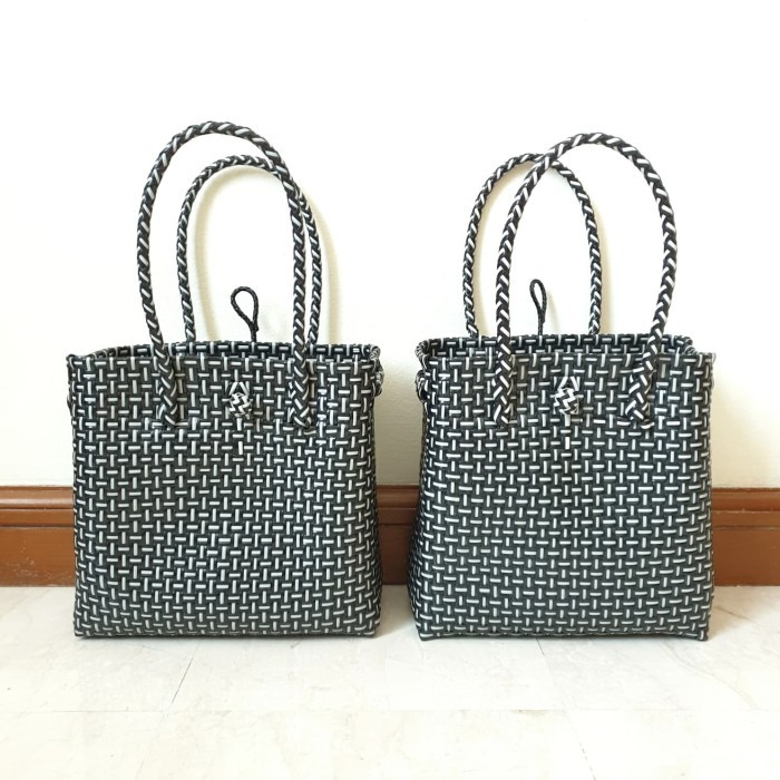 KAELA BAG - TAS ANYAM PLASTIK HITAM, TAS RAJUT, TAS BELANJA ETNIK