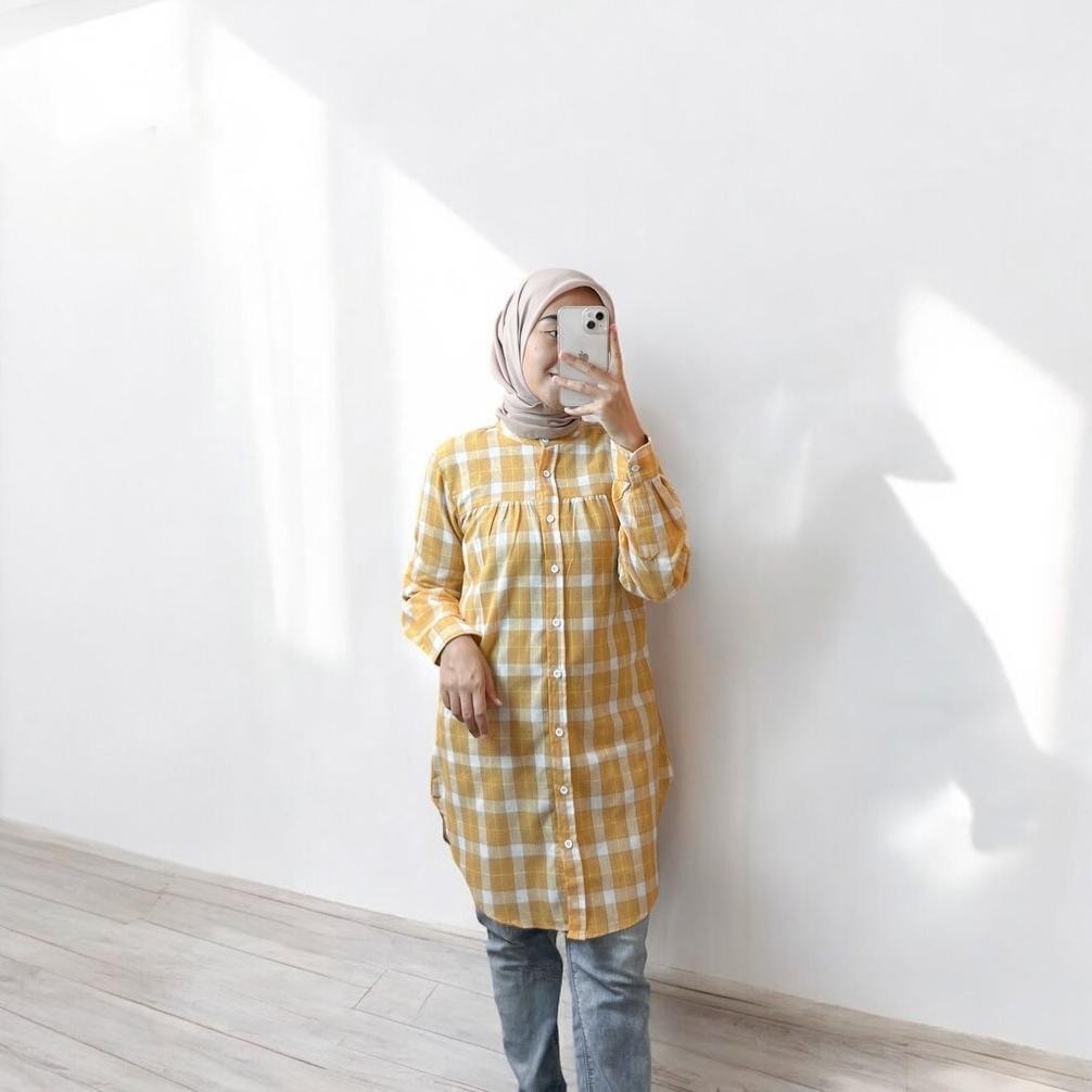 mit anyo at68 kemeja tunik flannel wanita pakaian atasan flanel import lengan panjang motif kotak ko