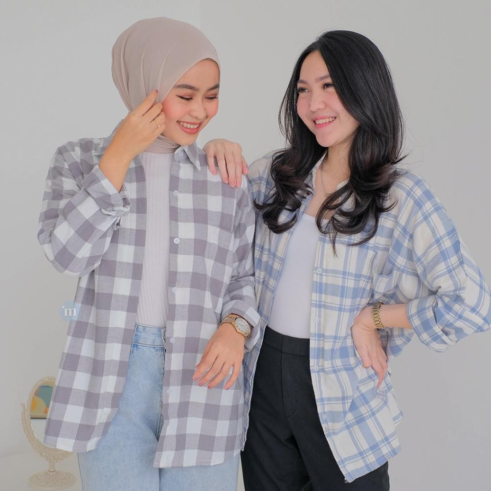 despo samsan kemeja flanel wanita kotak kotak maru atasan cewek pakaian kerja women top hangout