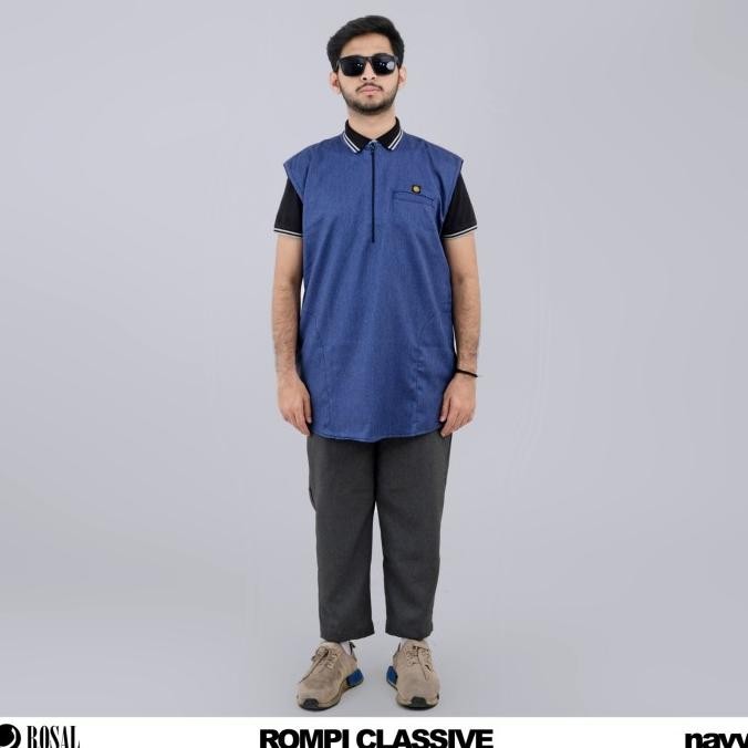 Terbaru | Rompi Sholat Classive Rosal Warna Biru Navy - Rompi Pria Kerah Oblong Bahan Madinah Adem D