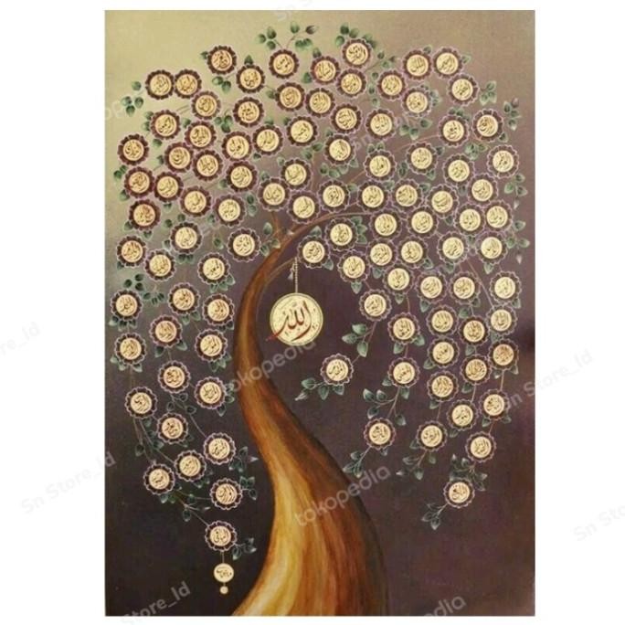 Lukisan kanvas tangan pohon kaligrafi asmaul husna