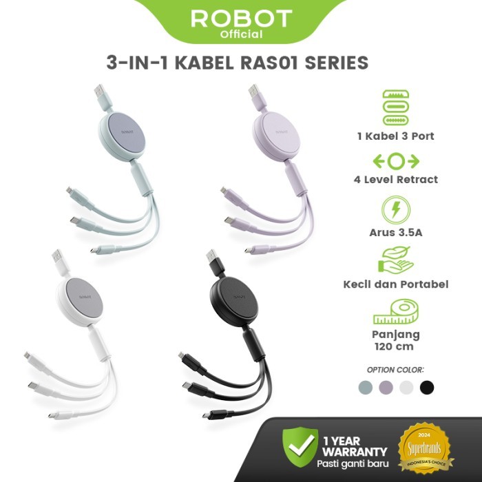 

SALE TERLARIS ROBOT KABEL DATA 3-IN-1 RETRACTABLE FAST CHARGING 3.5A KABEL CHARGER IPHONE/ANDROID