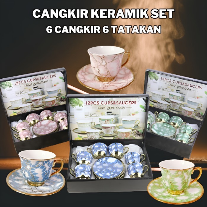 Cangkir Keramik Mewah European Style 1 Set 6 Cangkir 6 Tatakan Cantik