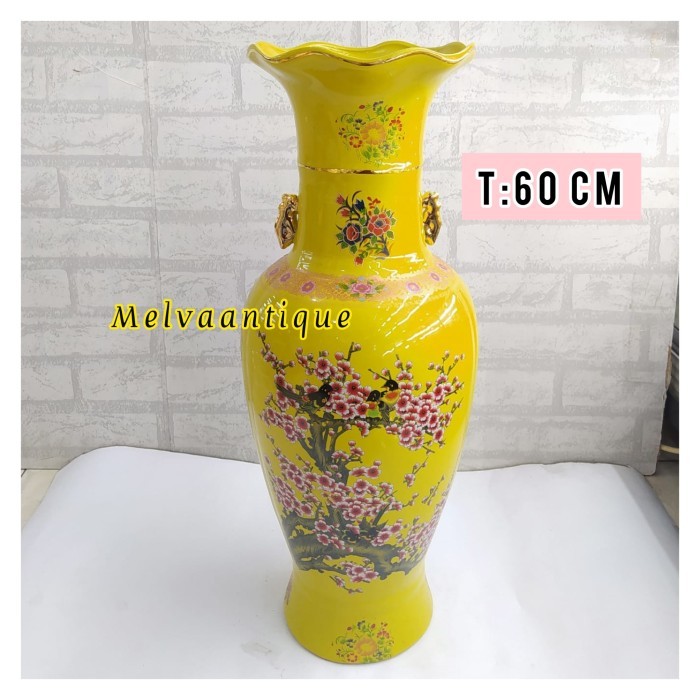 Guci Vas bunga Keramik import China motid sakura Yellow tinggi 60cm