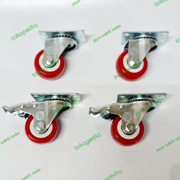 Roda kecil 1,5 inch tinggi 6 cm pu merah taiwan (2putar+rem 2putar)