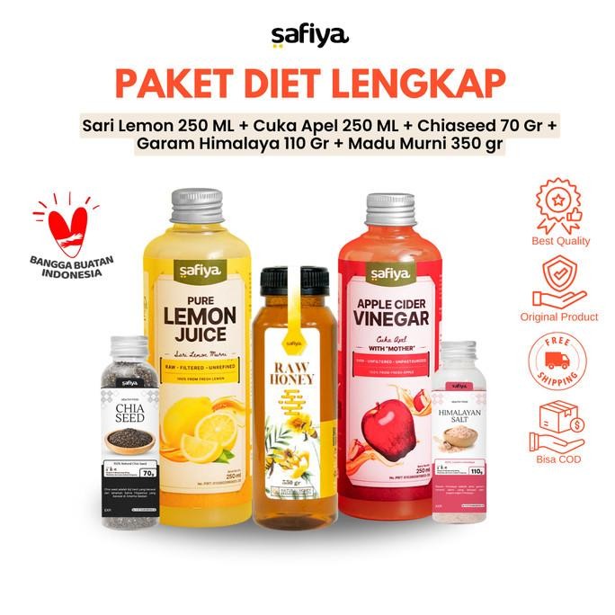 

Safiya Paket Komplit 5in1 Cuka Apel 250 ml + Lemon 250 ml + Chiaseed + Garam + Madu Murni
