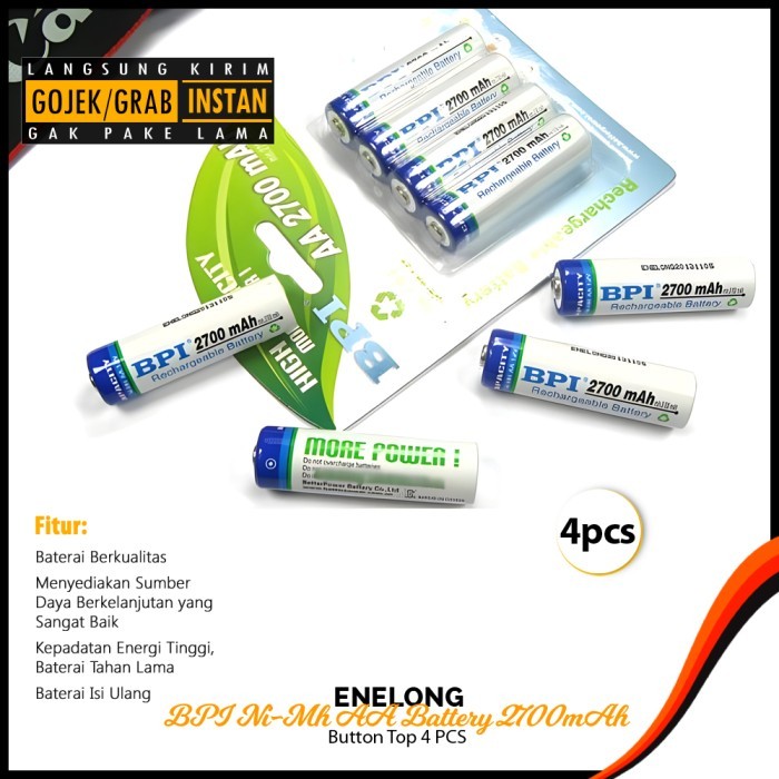 Enelong Bpi Ni-Mh Aa Battery 2700Mah Button Top 4Pcs - Rechargeable