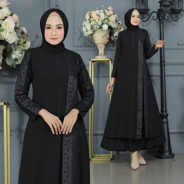 Murah gamis wanita dress muslim bordir belah samping mewah elegant ful hitam Non COD