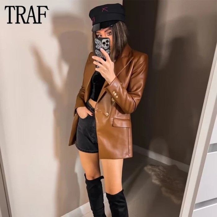 AppleDezign Oversized Faux Leather Blazer for Women Double Breasted Jacket Women