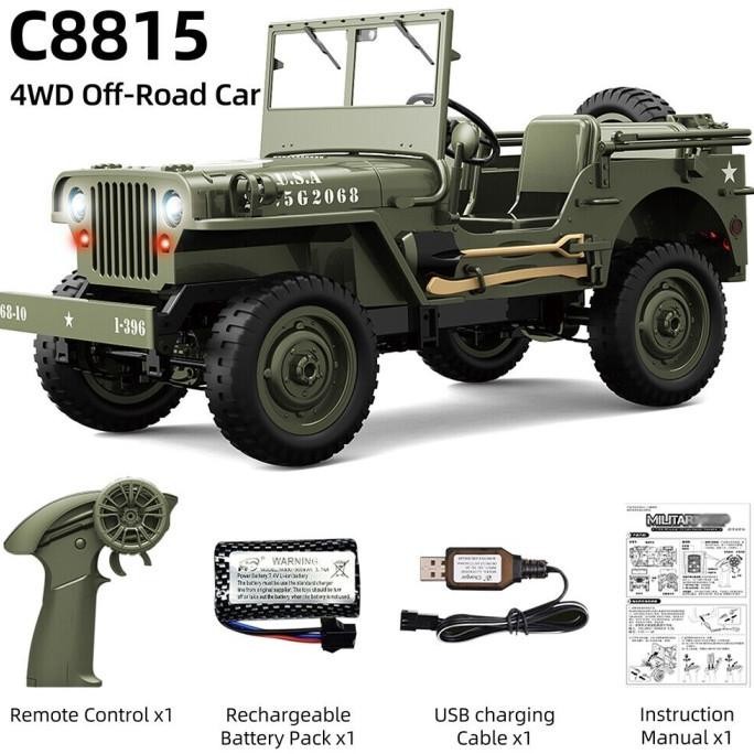 JJRC C8815 Willys Military Jeep RC Rock Crawler - 1/10 Scale 2.4GHz Remote LED Lights Optional Winch