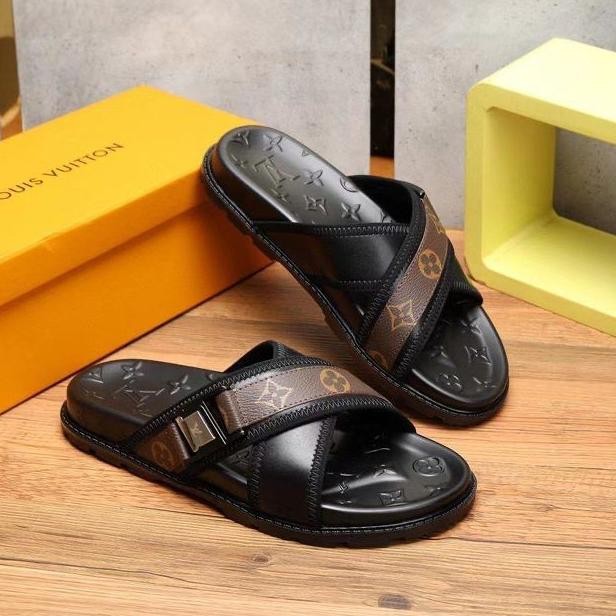Sandal Slide Silang Branded Pria Lv7105 Embos Black Damier Miror Kenzostore9