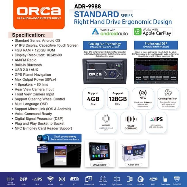 Head Unit Android Orca Nfc Standard Series Adr-9988 Gercep