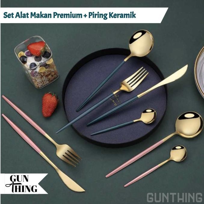 Set alat makan premium + piring keramik - set alat makan mewah
