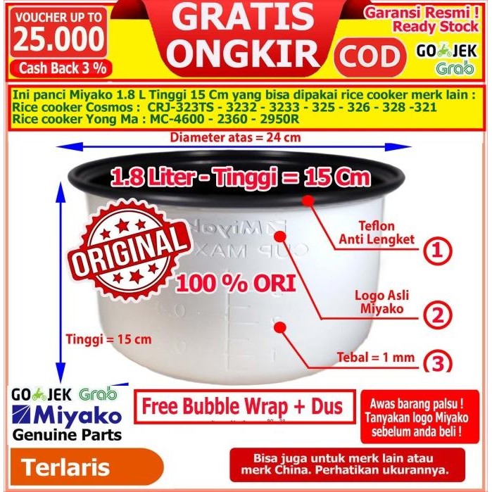 PANCI RICE COOKER MAGIC COM COSMOS YONGMA SHARP MIDEA MASPION 1.8L T15